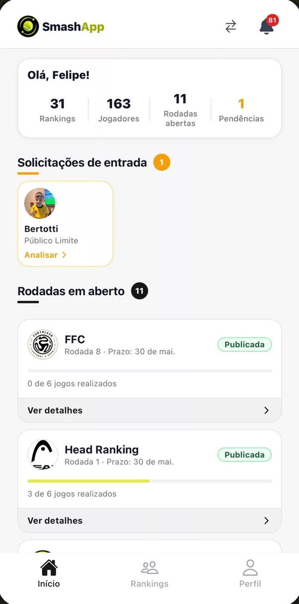 Tela inicial do organizador no SmashApp, com rankings, jogadores, rodadas em aberto e solicitações de entrada